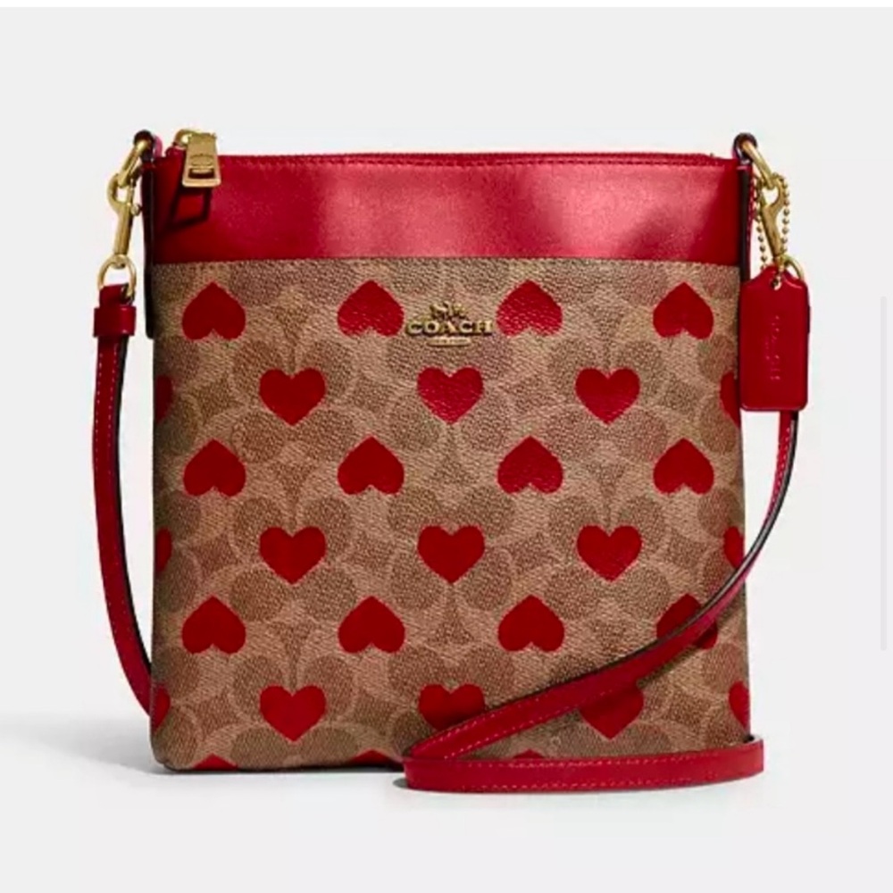 Coach Red and Brown Crossbody Bag with Vibrant Trim and Elegant Design